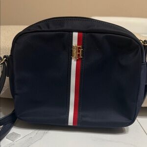 Navy Crossbody Bag with Red and White Stripe